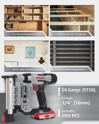 Cordless T Nailer Battery Powered, 14 Gauge 3/4'' (ST18) Electric Nail Gun, 2×Batteries, Charger and 200 Nails Included(L814-TN)